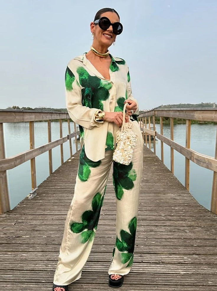 Elegant Graphic Printed Long Sleeve Loose Lapel Shirt & High Waist Trouser Set