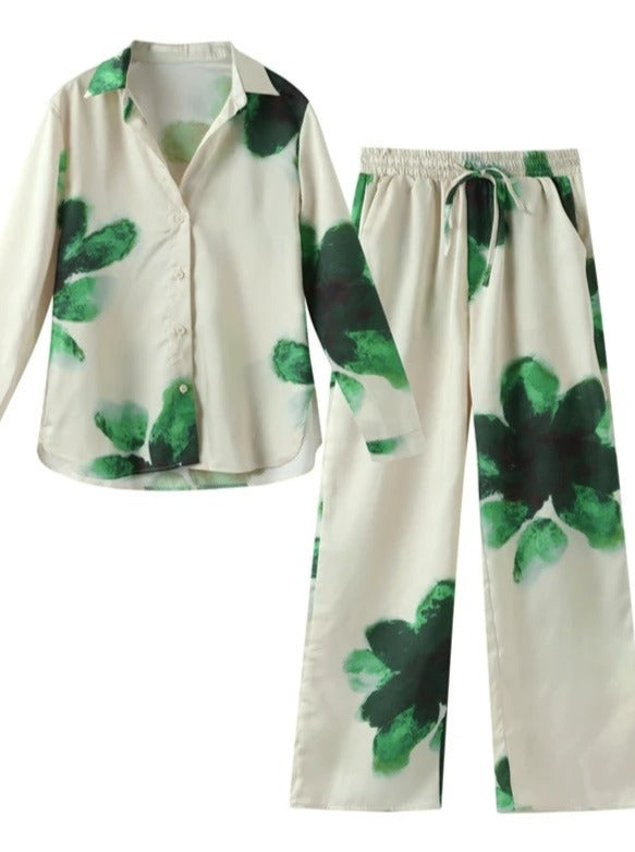 Elegante grafische print lange mouwen losse revers shirt &amp; hoge taille broek set 