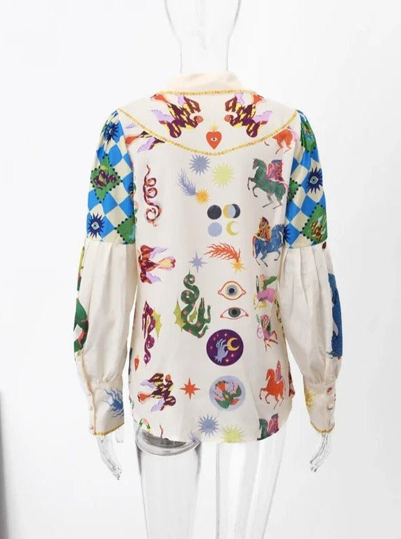 Elegant Graphic Printed Bubble Long Sleeve Blouse