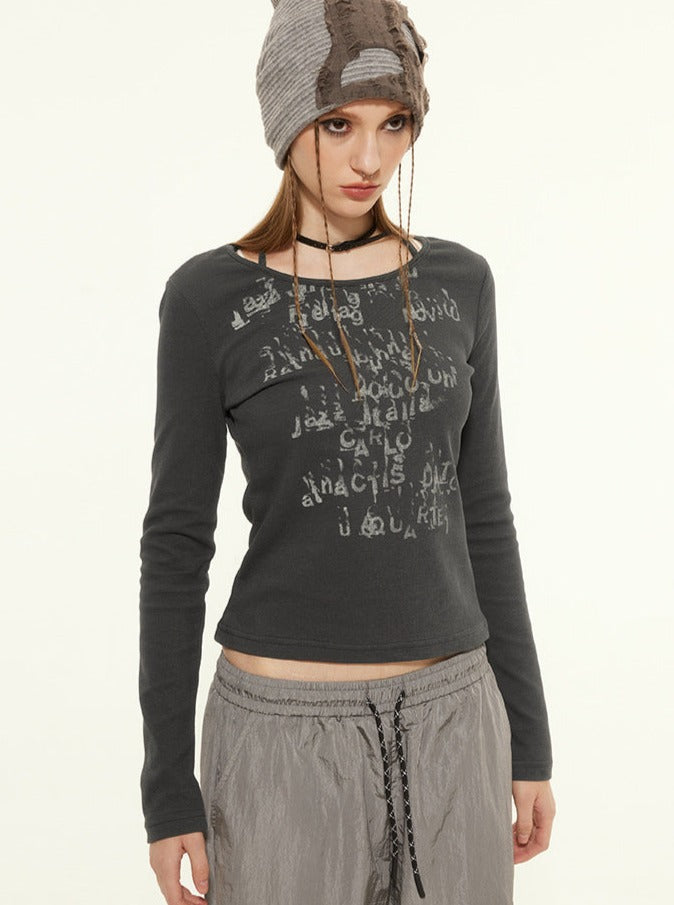 Casual top met ronde hals, lange mouwen en letterprint 