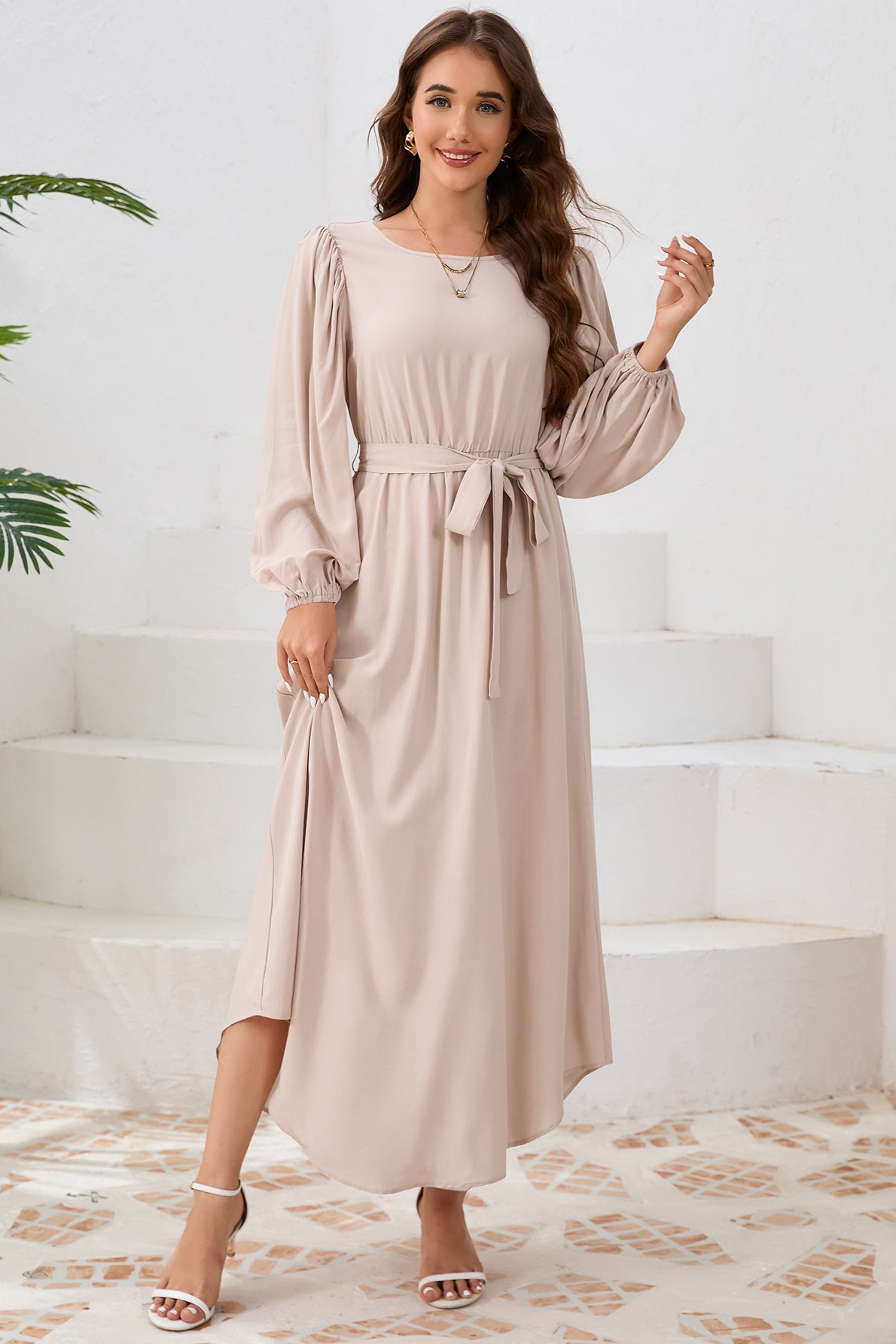 Elegant Tie Waist Long Sleeve Maxi Dress