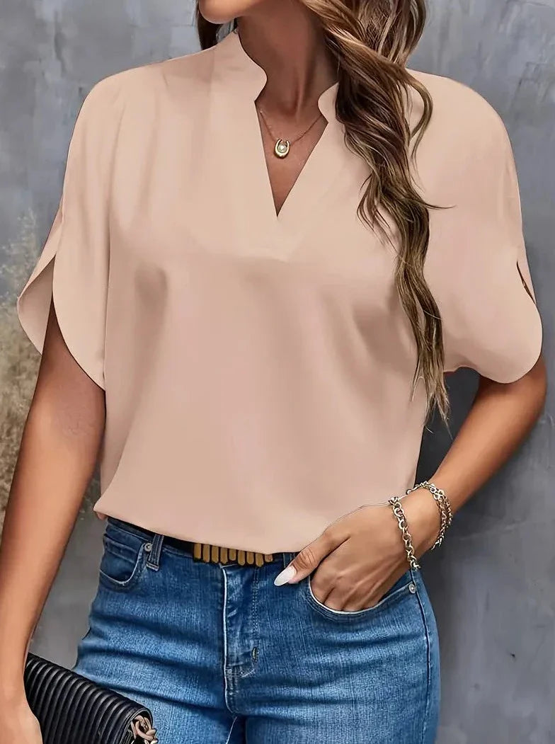 Elegant Short Sleeve Deep Notch V Neck Blouse