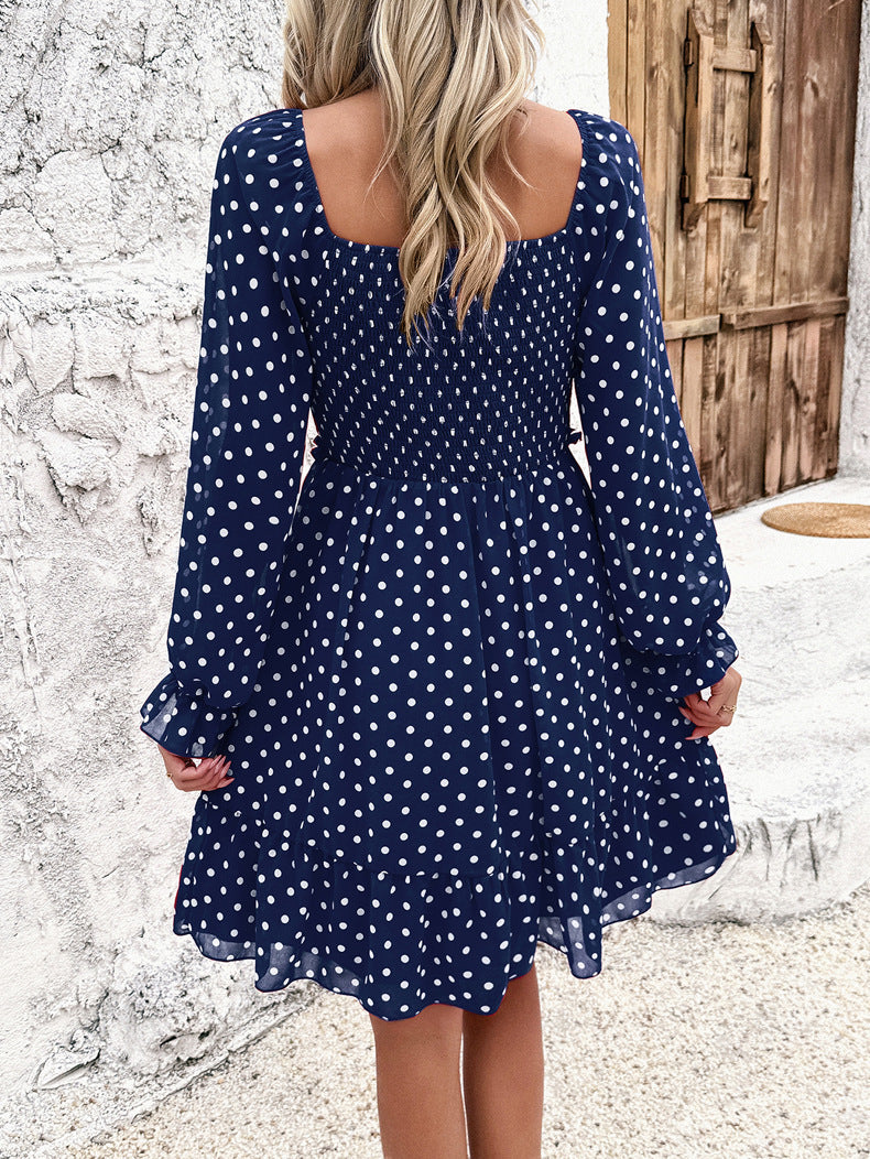 Casual blauwe off-shoulder polkadotjurk 