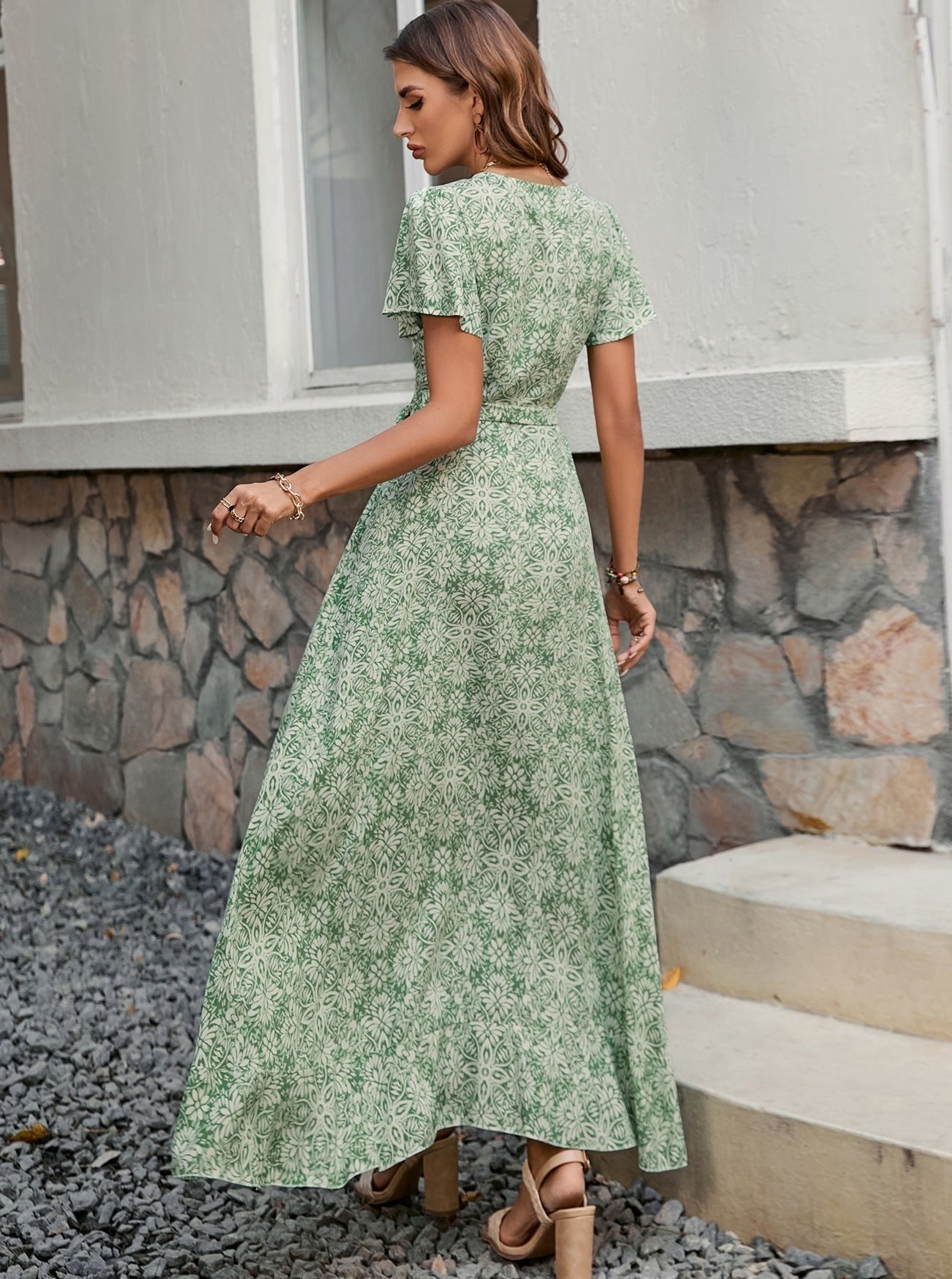 Floral V-Neck Slit Tie Waist Maxi Dress