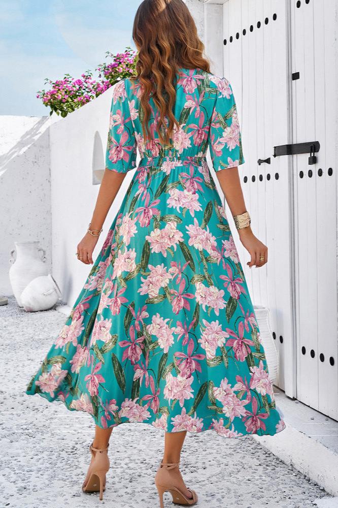 Chique zomerse bloemen V-hals midi-jurk met zijsplit