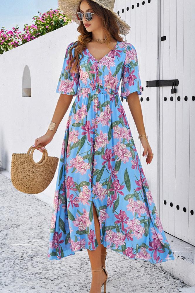 Chique zomerse bloemen V-hals midi-jurk met zijsplit