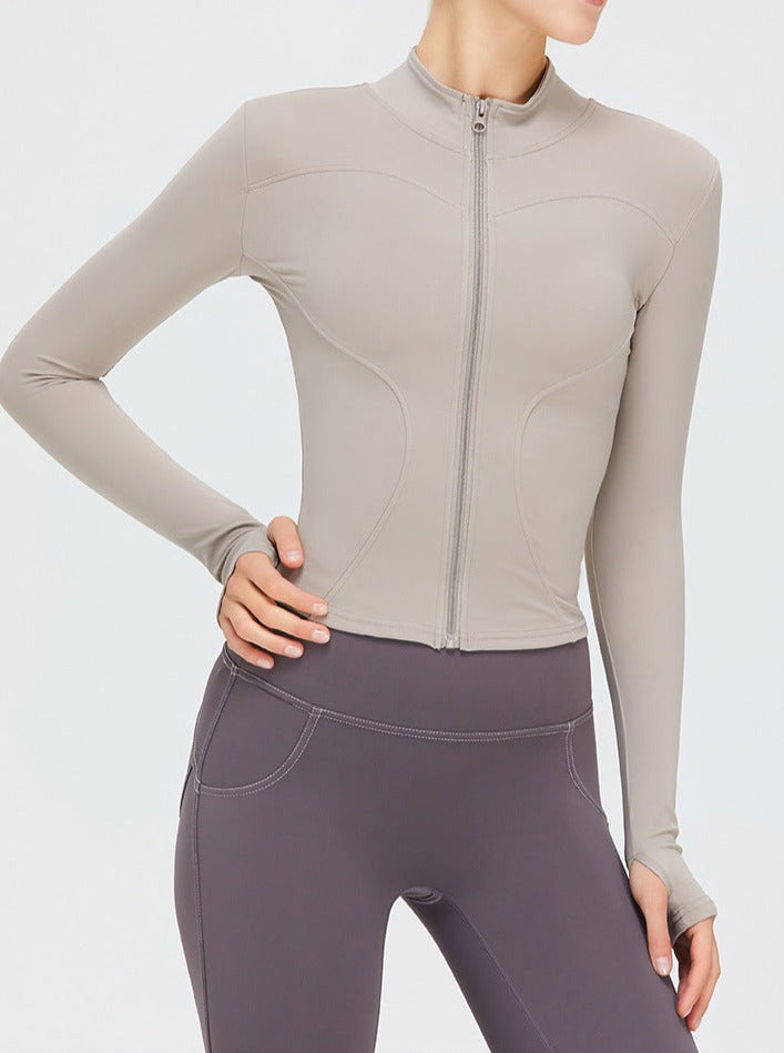 Khaki Ritssluiting Lange Mouw Snel Drogende Fitness Sport Top 