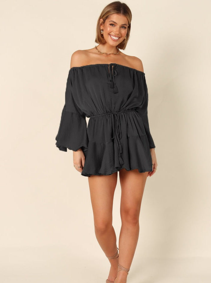 Sexy Zwarte Boheemse Verstelbare Off The Shoulder Bell Sleeve Jurk 