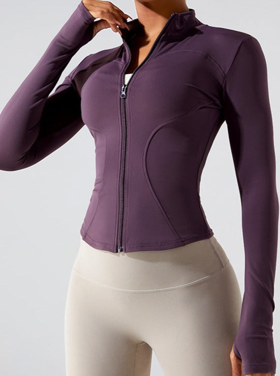 Violette rits lange mouwen snel drogende fitness sport top 