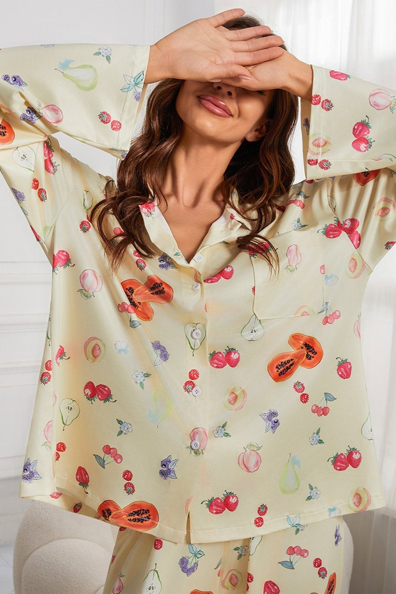 ﻿Fruitprint Geel Lange Mouw Shirt Wijde Pijp Pyjama Set 