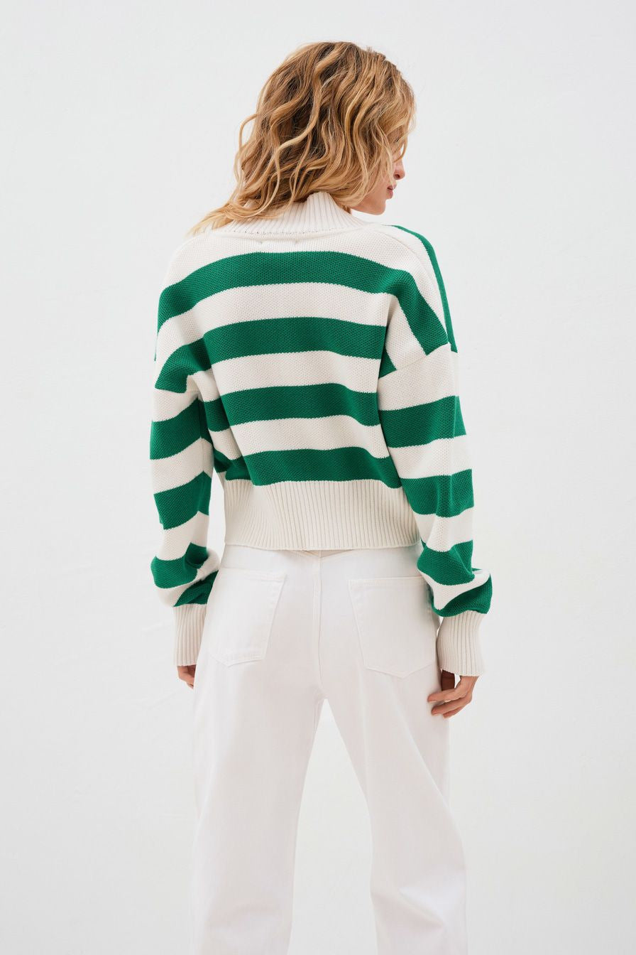 Green Deep V-Neck Striped Knitted Sweater