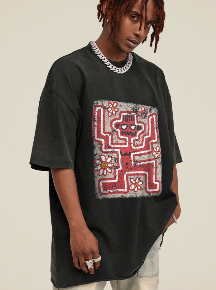 Zwart vervaagd vintage grafisch bedrukt oversized shirt 