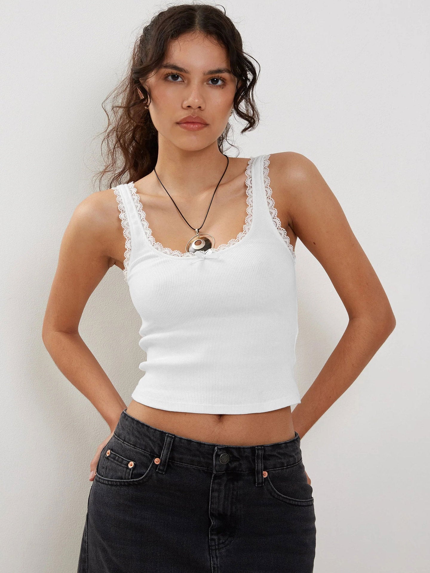 Witte Tanktop met Kanten Mouwloos Crop Topje 