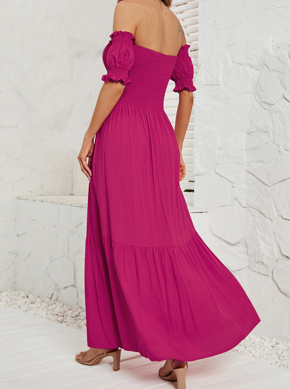 Off Shoulder Bell Sleeve Effen Kleur Maxi Jurk 