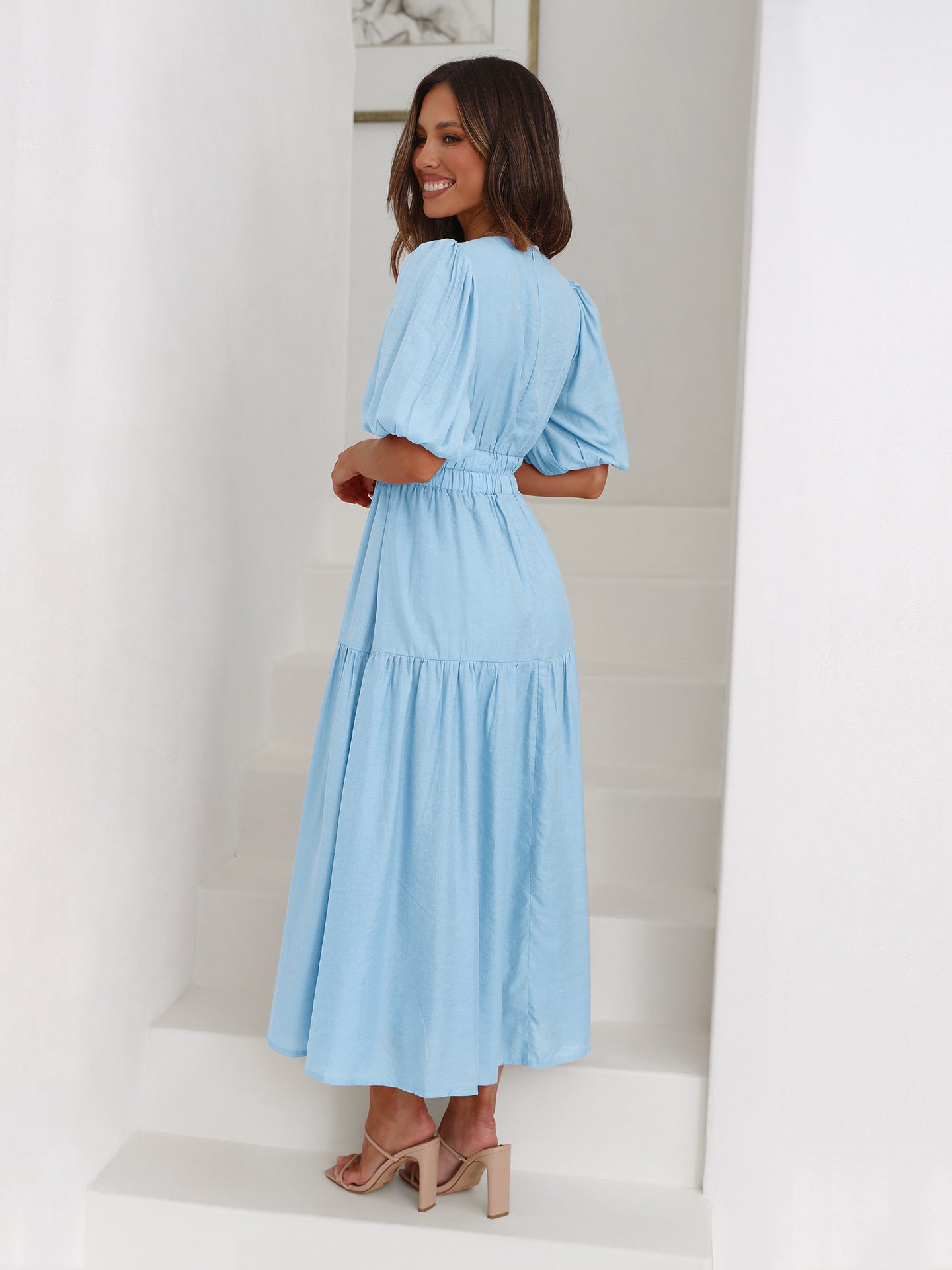 Sky Blue Deep V-Neck Puff Sleeve Layered Dress