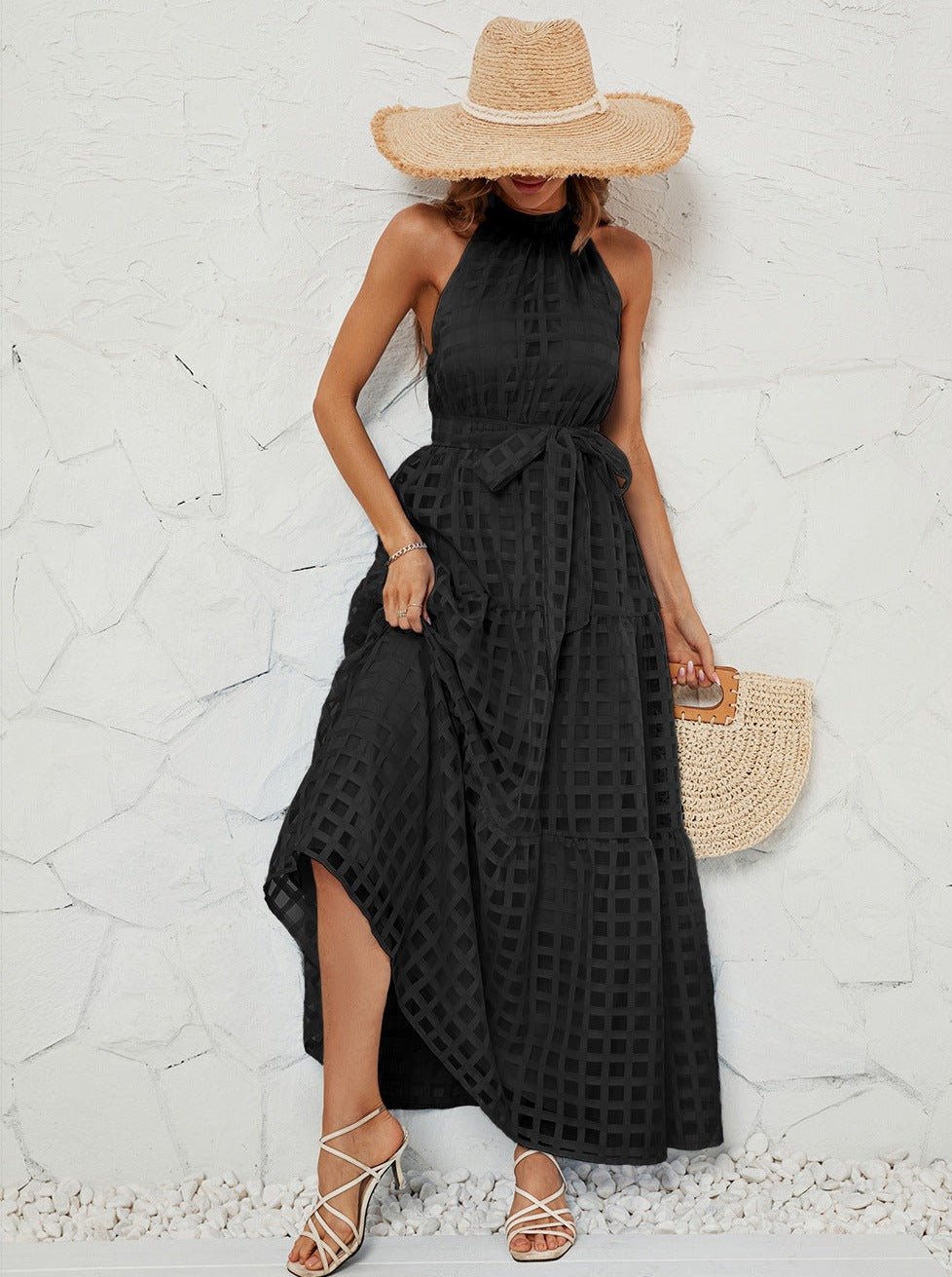 Zwarte halter mesh maxi-jurk met riem 