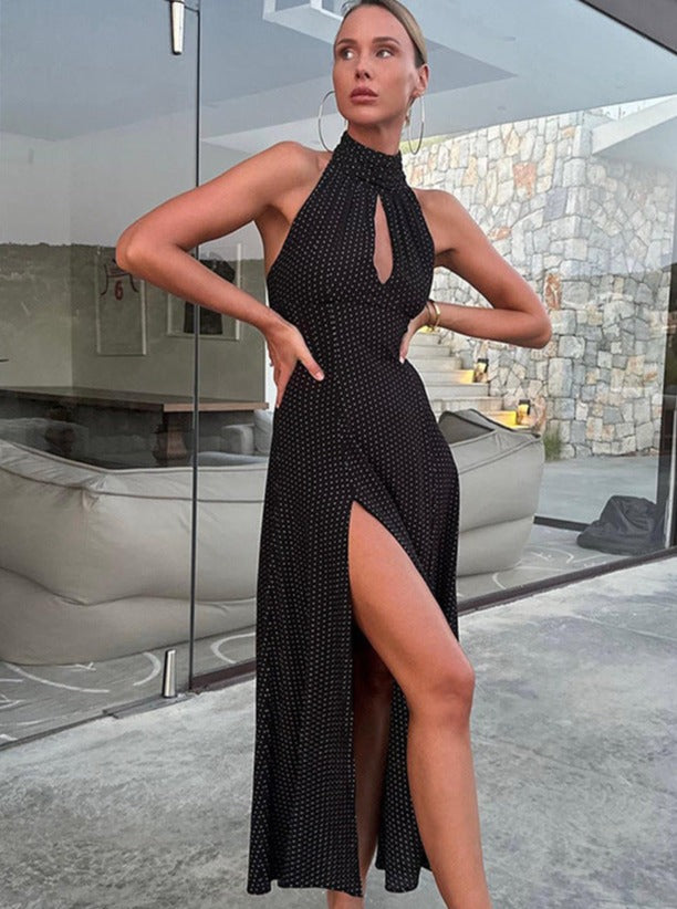 A-Line Halter Neck Sexy Slit Black Long Dress