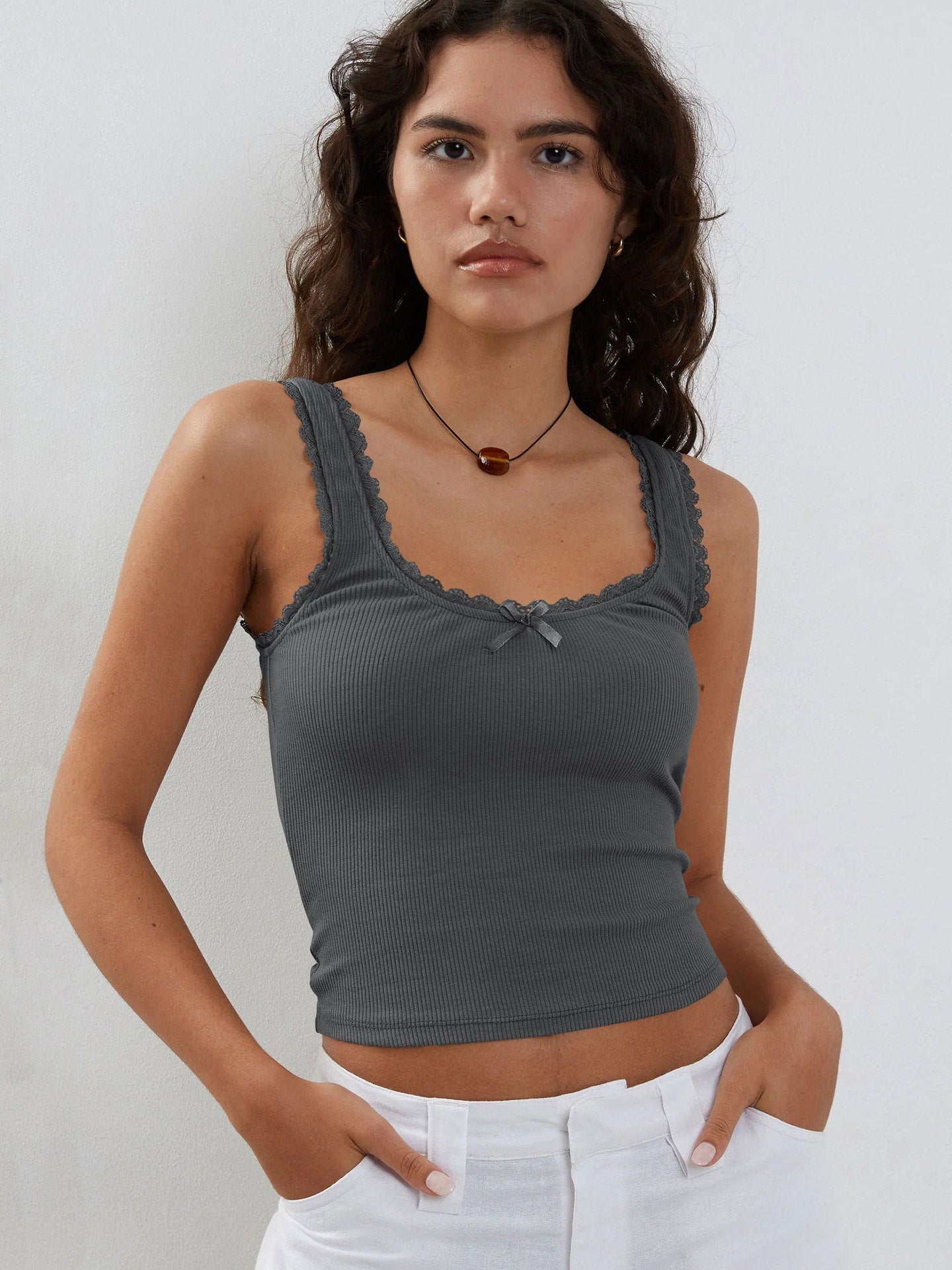 Donkergrijze Tanktop met Kanten Mouwloos Crop Topje 