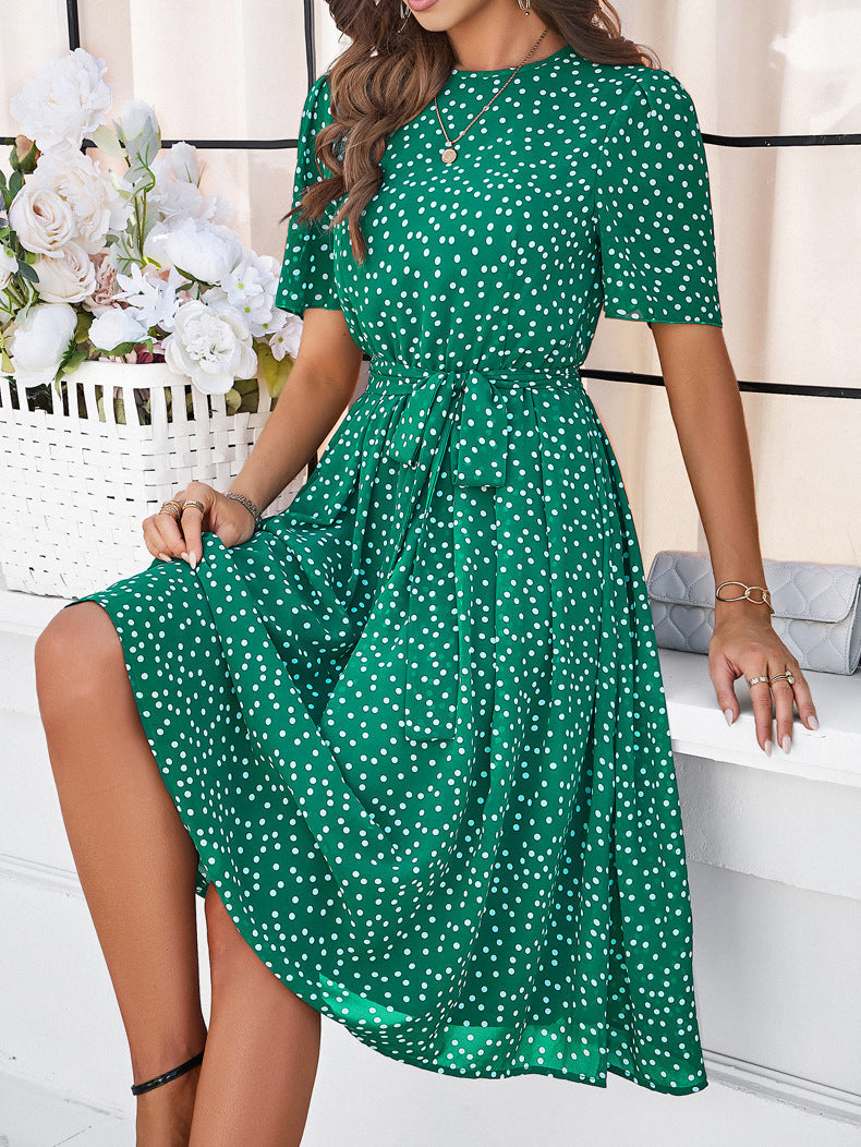 Groene elegante casual temperamentjurk met stippenprint 