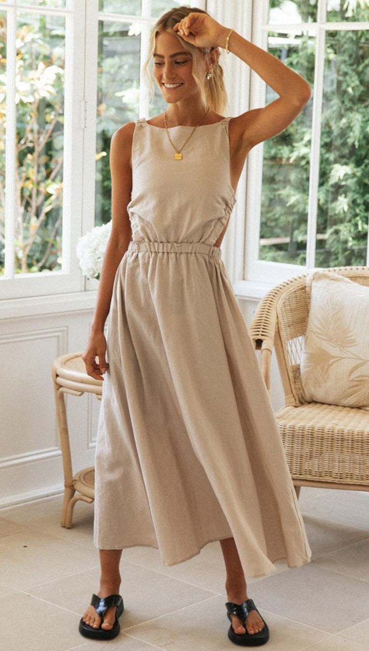 Beige Round Neck Backless Swing Dress