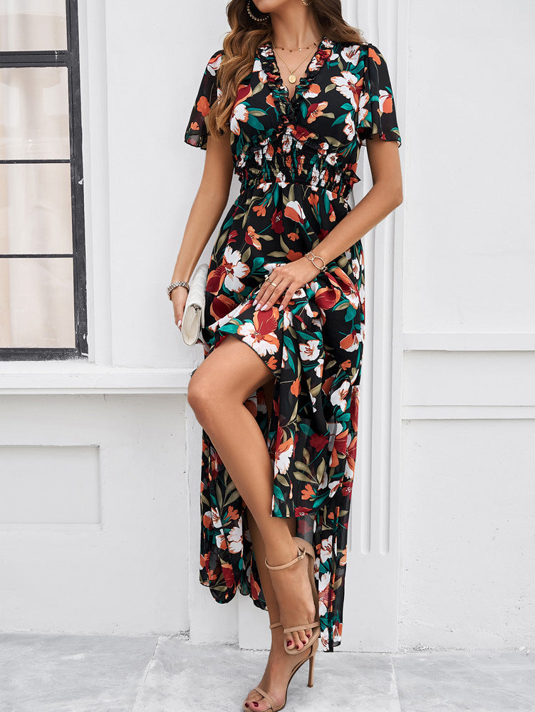 Black Green V-Neck Floral Printed Sundress