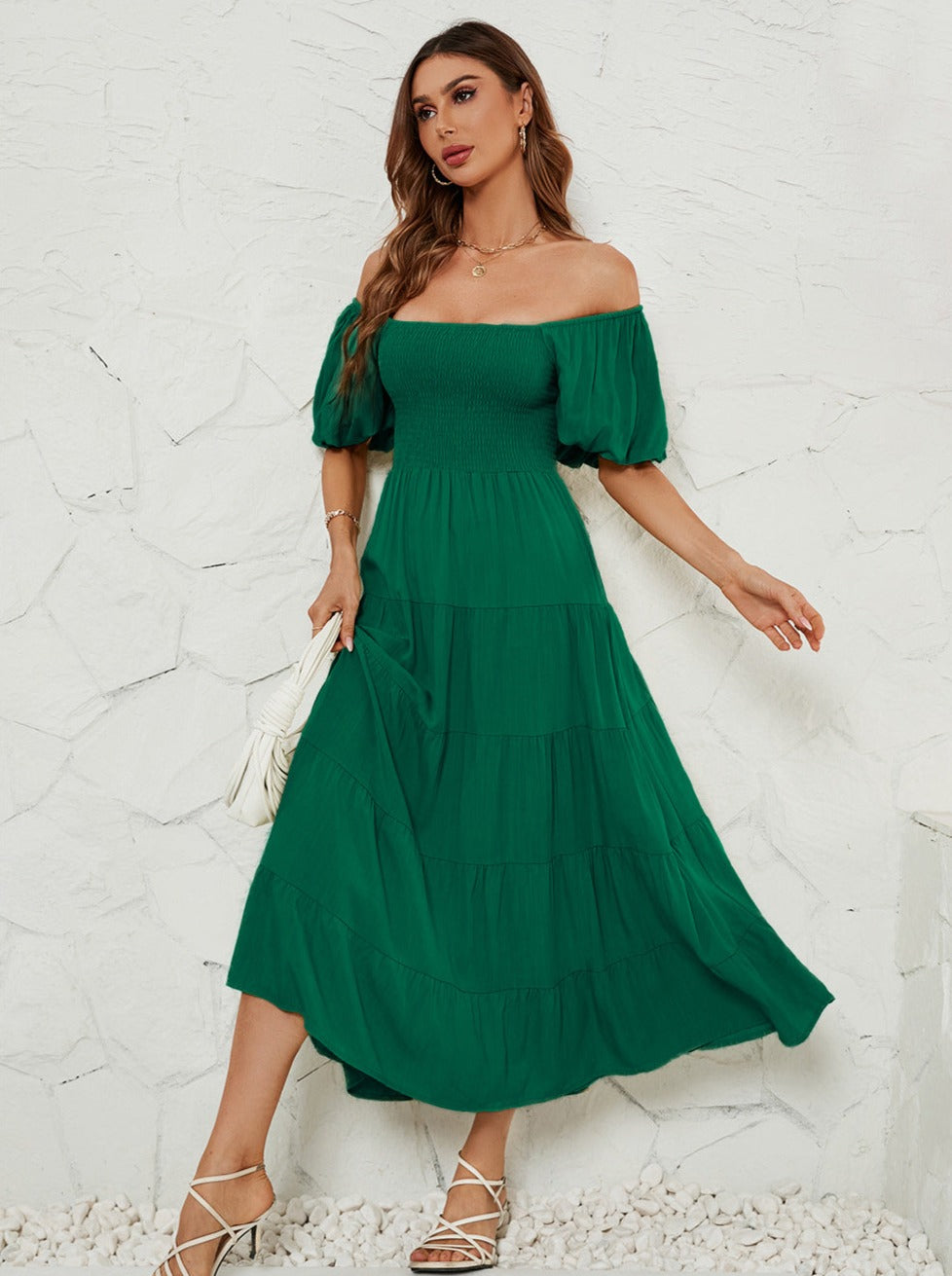 Dark Green High Waist Bubble Sleeve Square Neck Maxi Dress