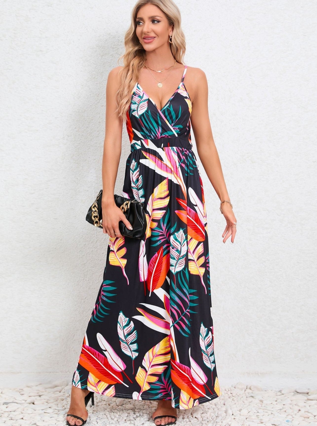 Black Tropical Printed Long Dress