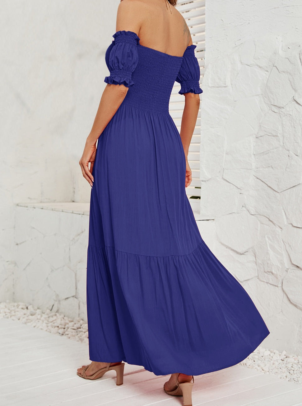 Off Shoulder Bell Sleeve Effen Kleur Maxi Jurk 