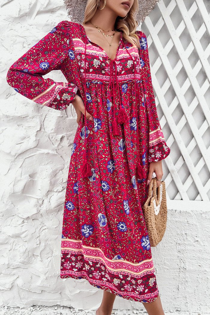 Stylish Red Floral Long Lantern Sleeve Midi Dress