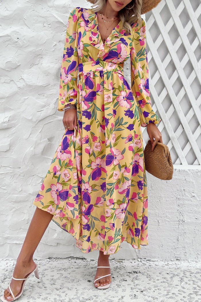 Lange mouw diepe V-hals bloemen maxi-jurk 