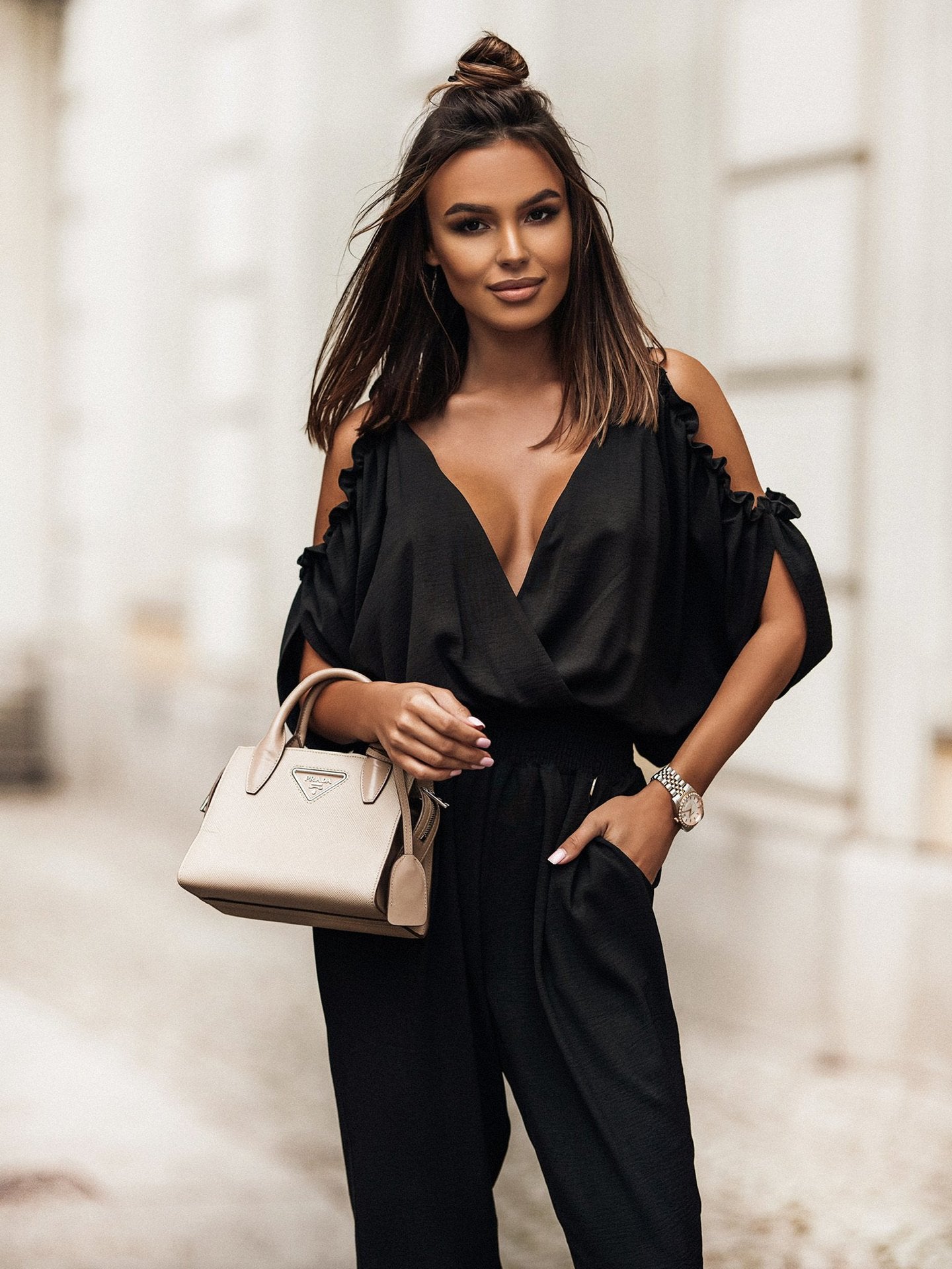 Casual Diepe V-hals Zak Elastische Taille Jumpsuit 