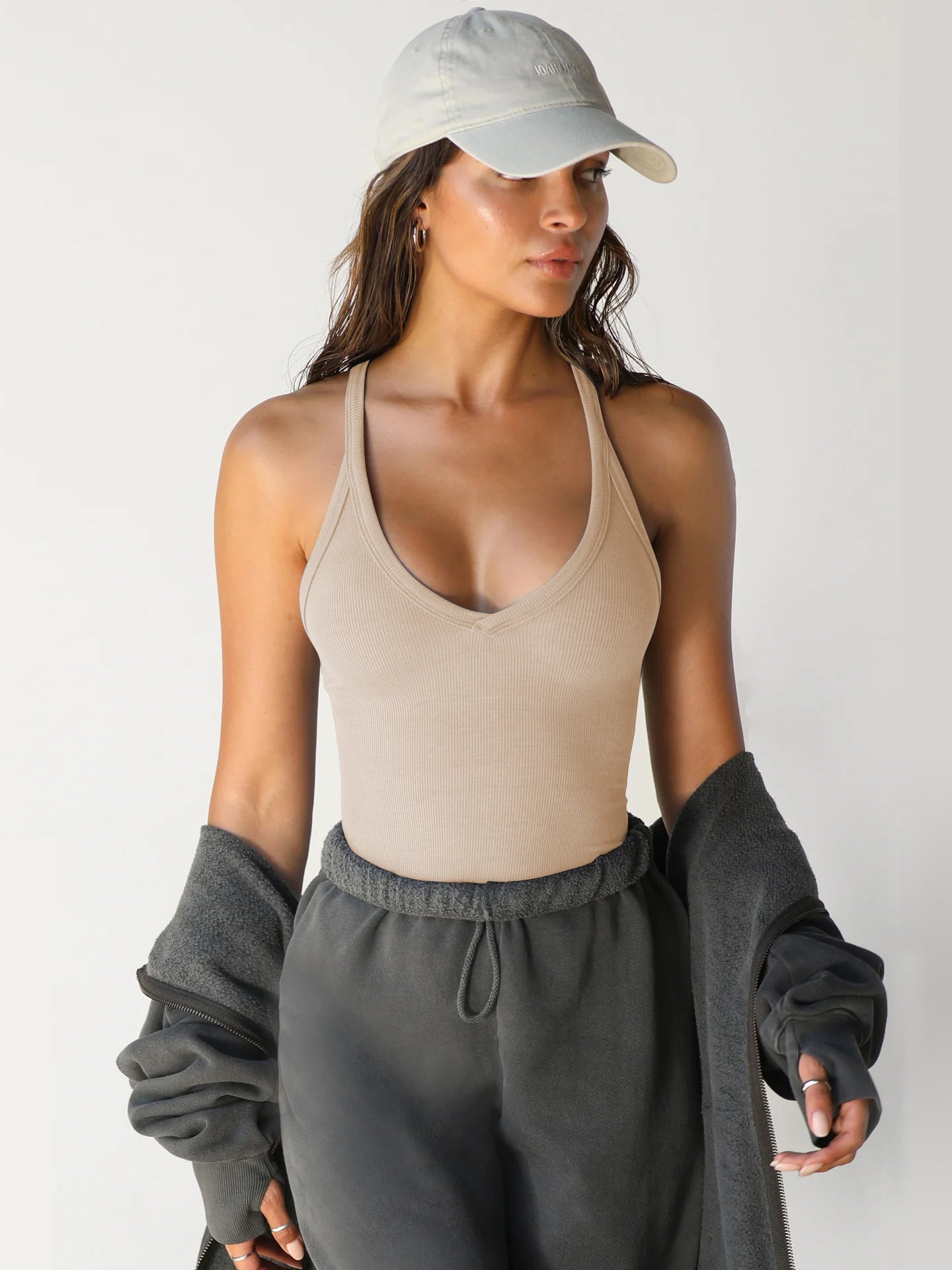 Beige halter V-hals effen mouwloos topje 