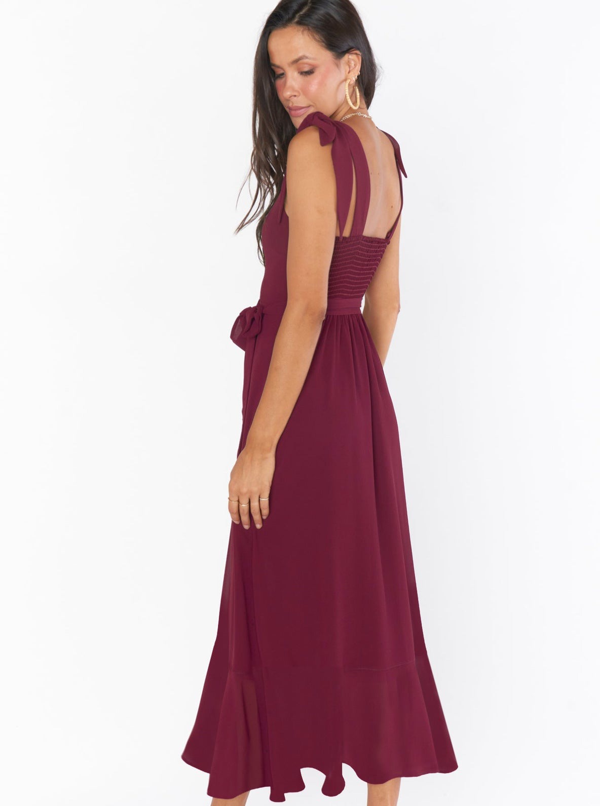 Bordeaux Sommerkleid Midi Elegant Mit Schleife und Schlitz