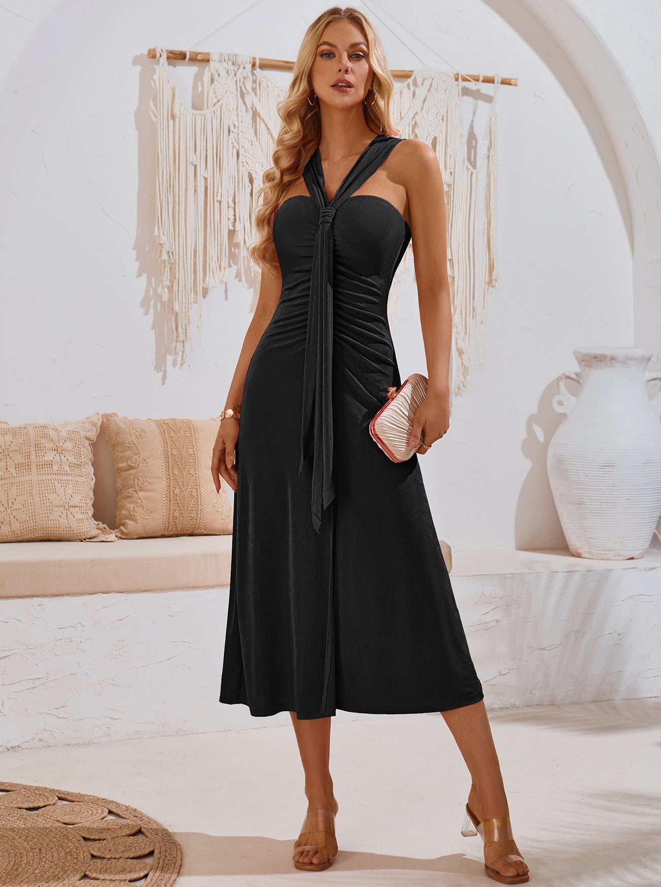 Vintage Strapless Pleated Midi Dress