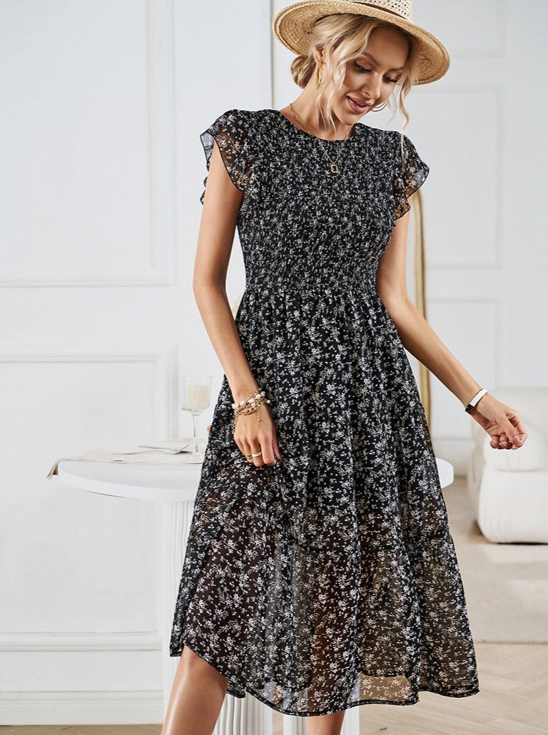 Floral Waist Defined Ruffle Trim Midi Dress