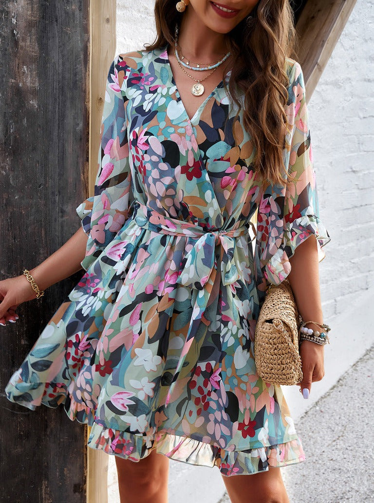 Casual Green Floral Printed Dress