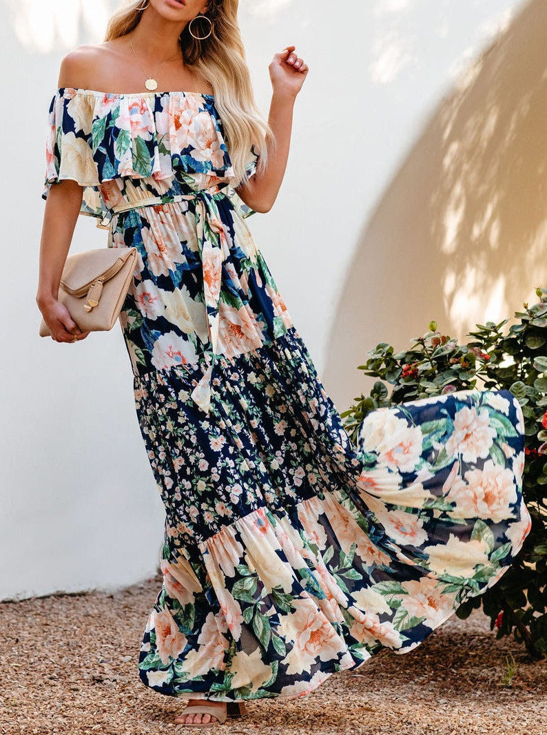 Marineblauwe bloemen retro print off shoulder maxi jurk 