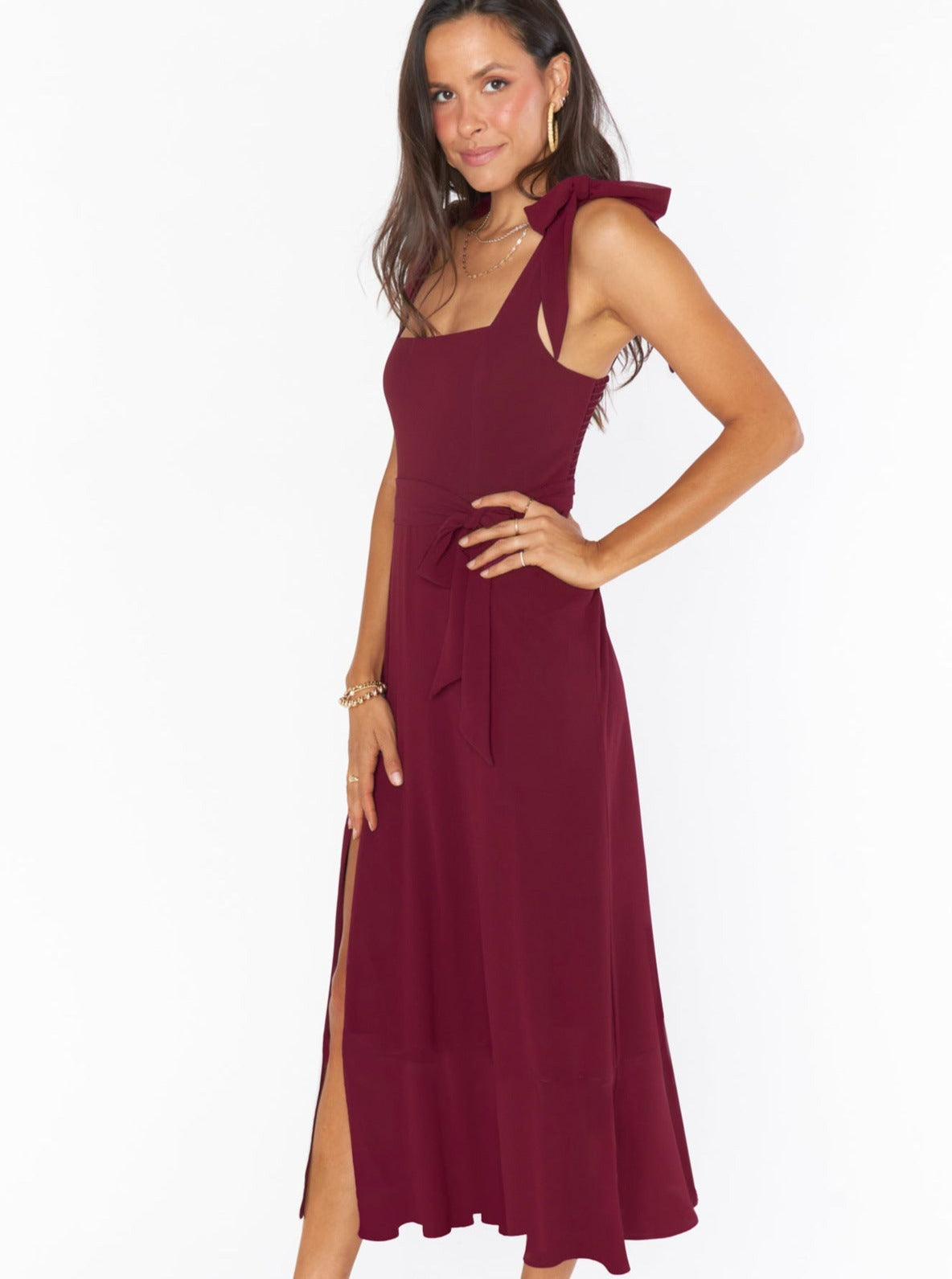 Bordeaux Sommerkleid Midi Elegant Mit Schleife und Schlitz