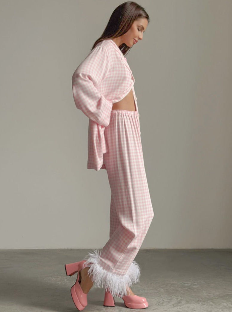 Roze geruite loungewear lange mouw nachtkleding tweedelig 