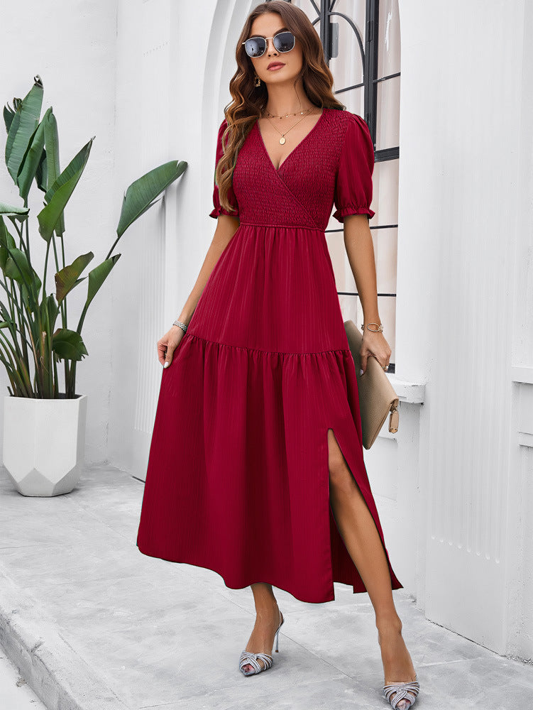 Red V-Neck Short Sleeved Long Dress