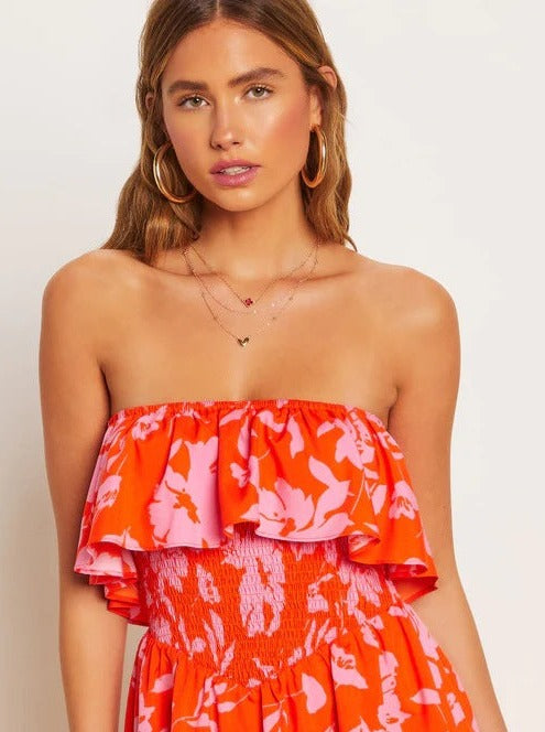 Rode strapless tropische bedrukte tube top jurk 