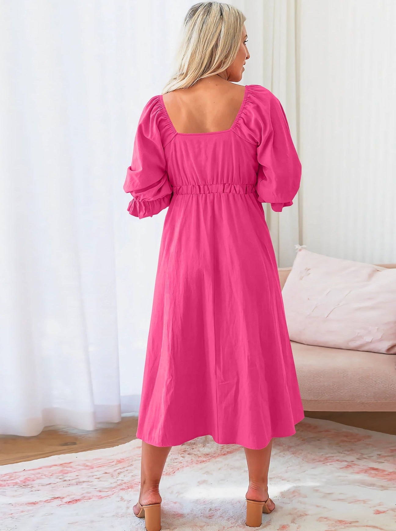 Square Neck Knotted Puff Sleeves Cutout Casual Summer Dress