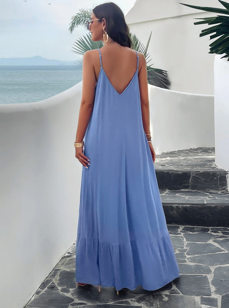 Blauwe casual effen kleur jarretel maxi-jurk