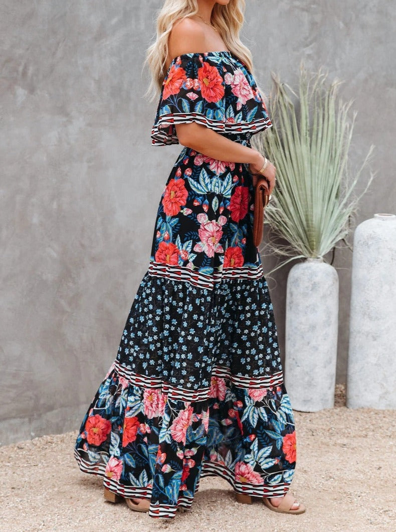 Green Floral Retro Printed Off Shoulder Maxi Dress