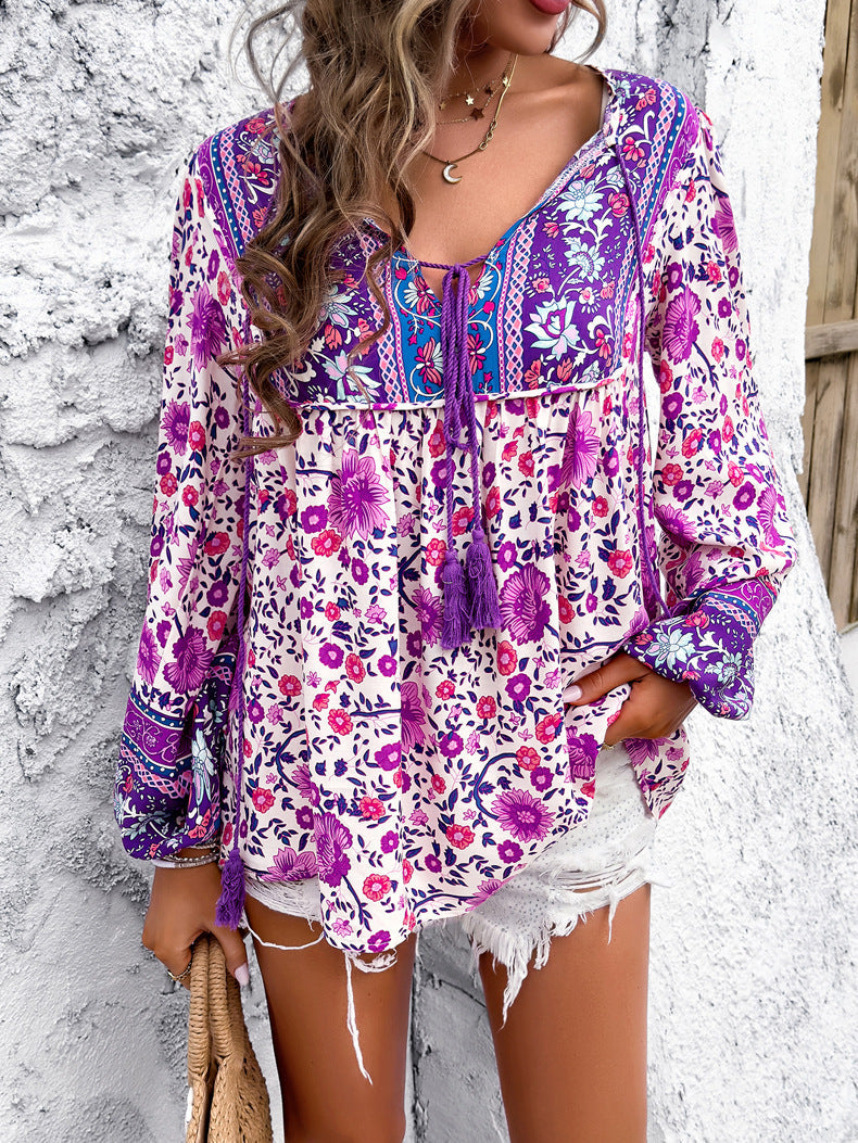 Purple Retro Floral Printed Tassel Shirt