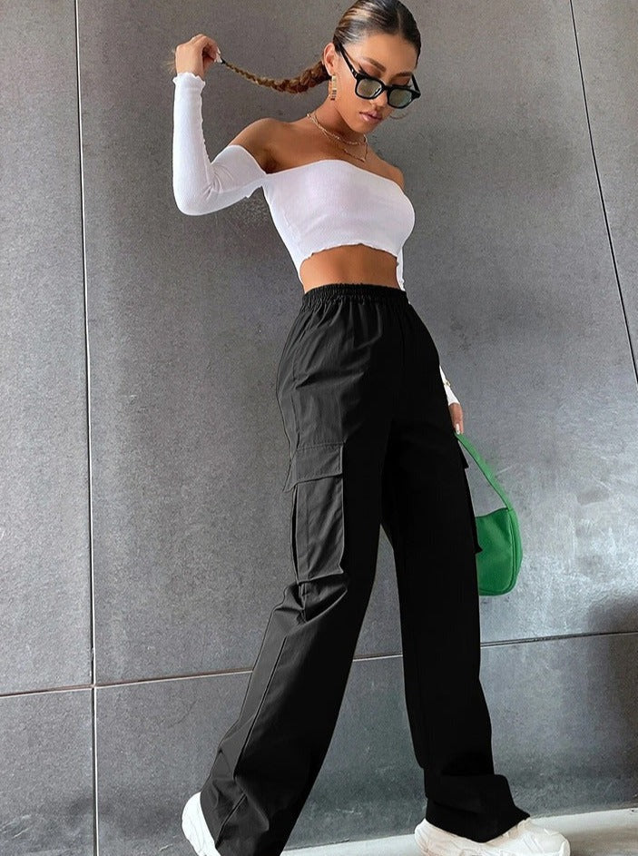 Elastic Waist Black Women's Cargo Pants