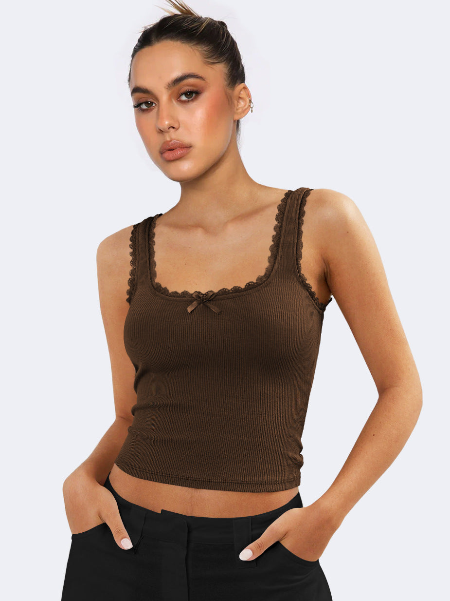 Bruine Tank Kant Mouwloze Crop Top 