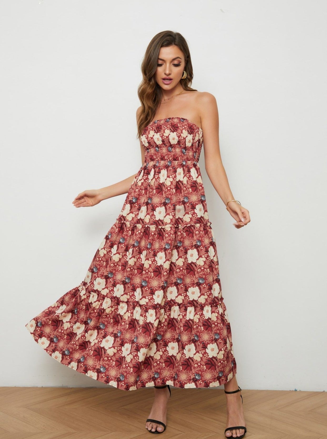 Bloemen strapless jurk met lage rug 