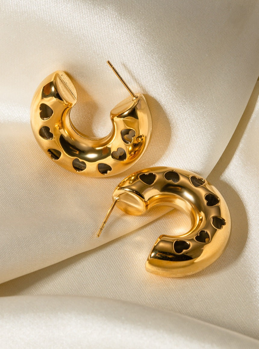 Heart Hollowed C-Shape Gold Plated Earrings