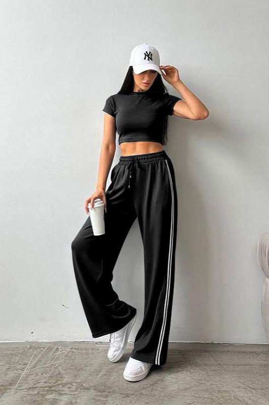 Sporty Short Sleeve Crop Top and Pants Set